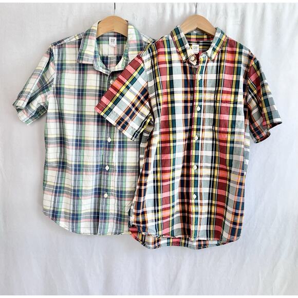 TWO Gap Boys XL 14 Short Sleeve Button Up Shirts Plaid Cotton Blue Green - Picture 1 of 6